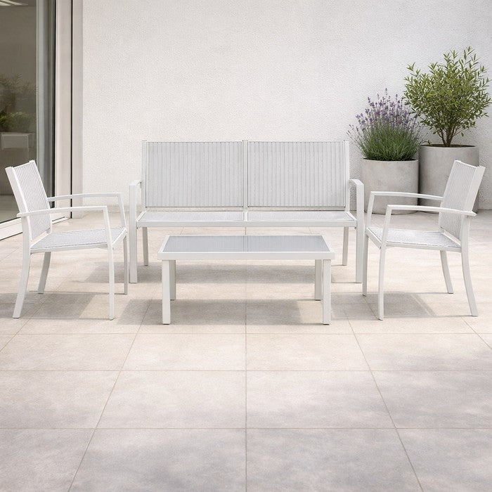 Salotto da giardino in metallo e textilene con divano, 2 poltrone e tavolino - Elim