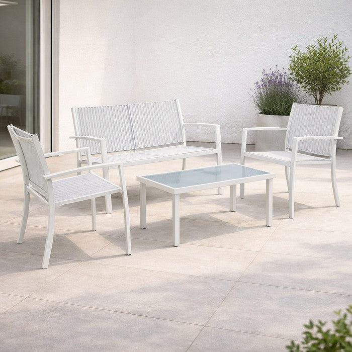 Salotto da giardino in metallo e textilene con divano, 2 poltrone e tavolino - Elim