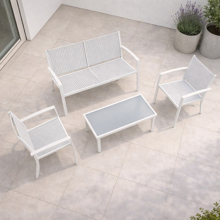 Salotto da giardino in metallo e textilene con divano, 2 poltrone e tavolino - Elim