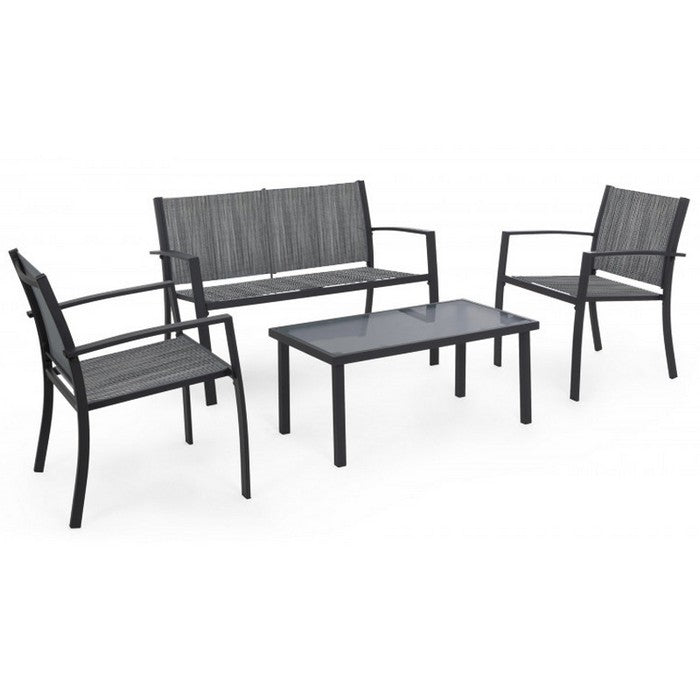 Salotto da giardino in metallo e textilene con divano, 2 poltrone e tavolino - Elim