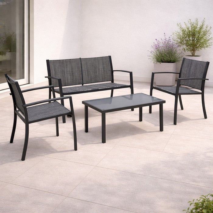 Salotto da giardino in metallo e textilene con divano, 2 poltrone e tavolino - Elim