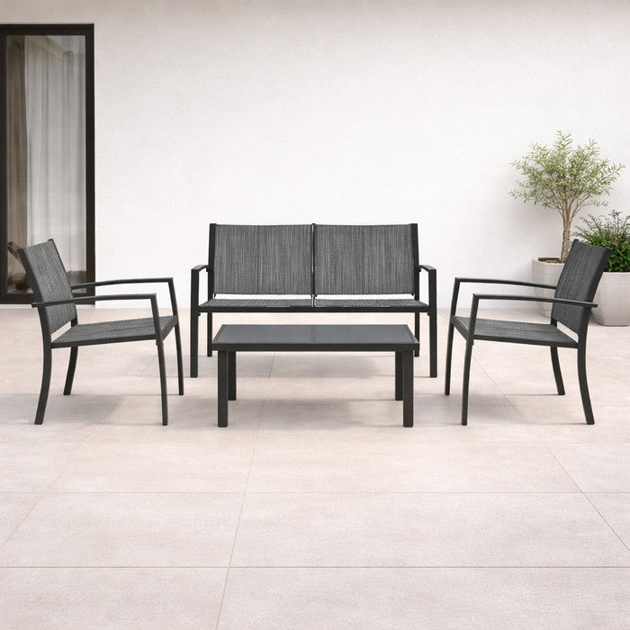Salotto da giardino in metallo e textilene con divano, 2 poltrone e tavolino - Elim