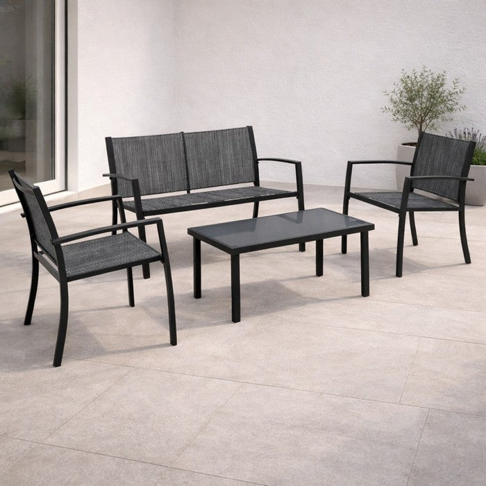 Salotto da giardino in metallo e textilene con divano, 2 poltrone e tavolino - Elim