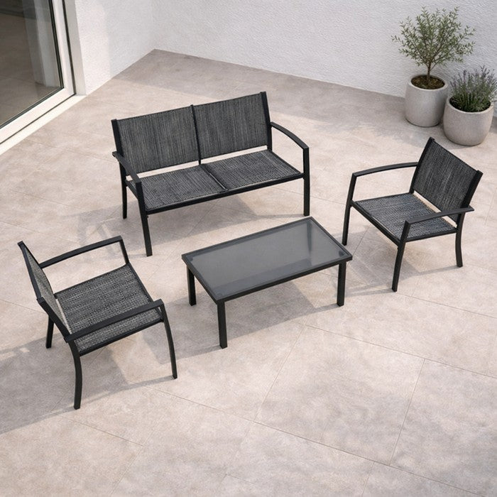 Salotto da giardino in metallo e textilene con divano, 2 poltrone e tavolino - Elim