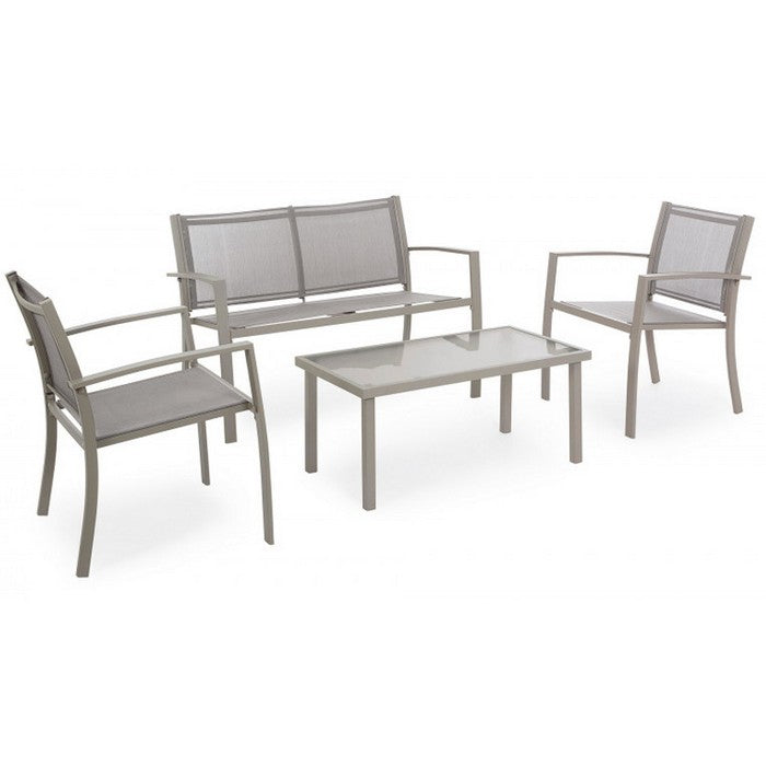 Salotto da giardino in metallo e textilene con divano, 2 poltrone e tavolino - Elim