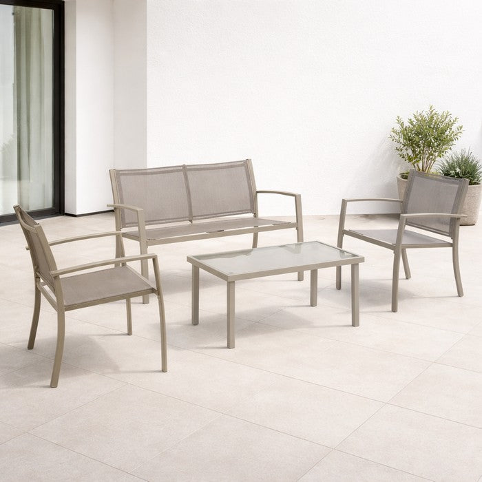Salotto da giardino in metallo e textilene con divano, 2 poltrone e tavolino - Elim