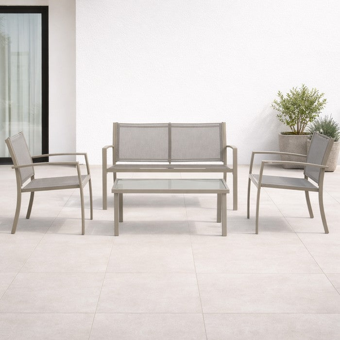 Salotto da giardino in metallo e textilene con divano, 2 poltrone e tavolino - Elim