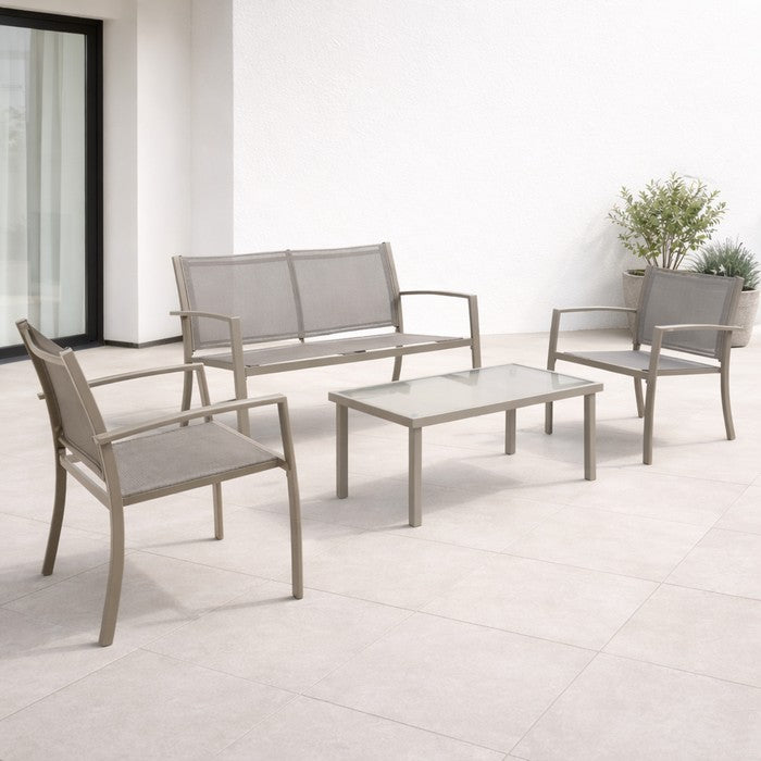 Salotto da giardino in metallo e textilene con divano, 2 poltrone e tavolino - Elim