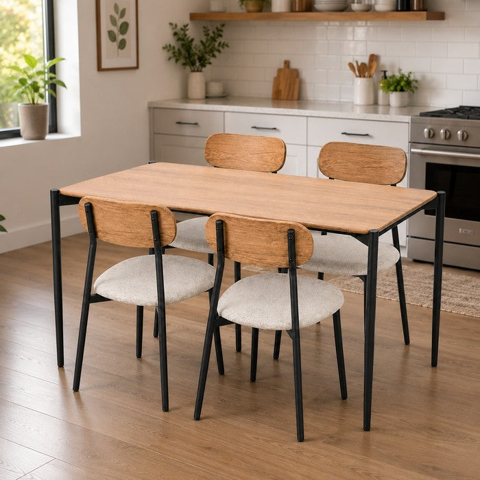 Set tavolo moderno con 4 sedie in metallo e MDF, sedute in tessuto - Emily
