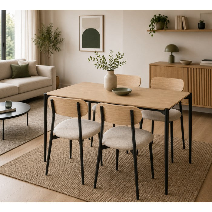 Set tavolo moderno con 4 sedie in metallo e MDF, sedute in tessuto - Emily