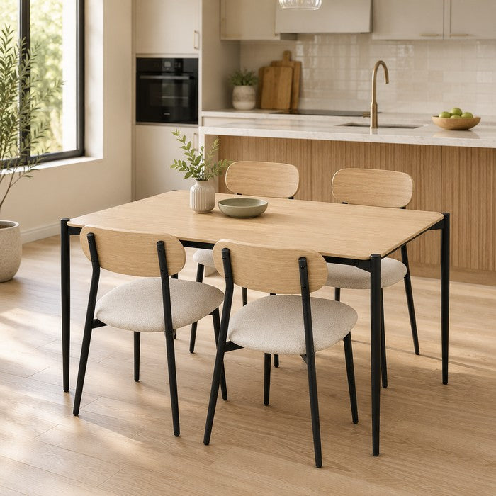 Set tavolo moderno con 4 sedie in metallo e MDF, sedute in tessuto - Emily