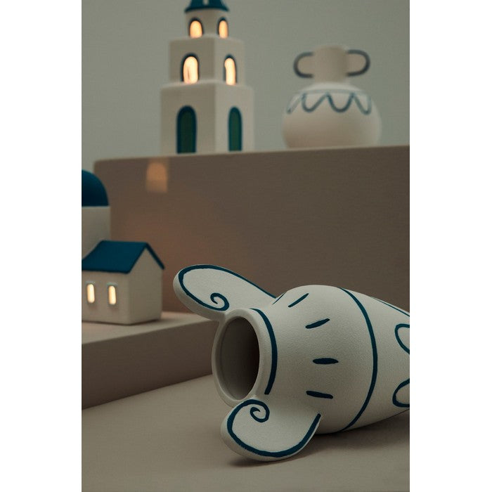 Vaso anfora in gres ceramico bianco con decorazioni blu 20 cm - Greek
