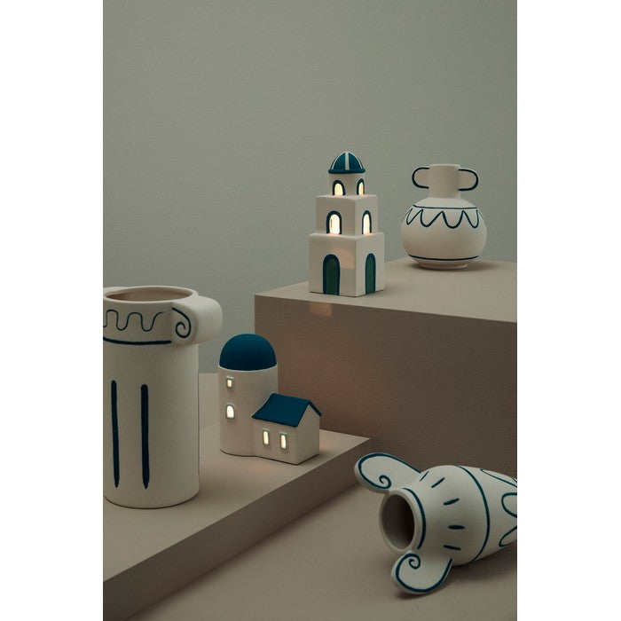 Vaso anfora in gres ceramico bianco con decorazioni blu 18 cm - Greek