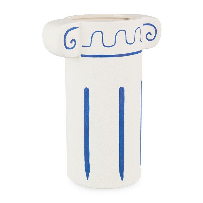Vaso cilindrico in gres ceramico bianco con decorazioni blu 23 cm - Greek