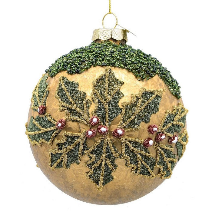 Palla di Natale in vetro con applicazione di perline foglie e bacche - Vischio