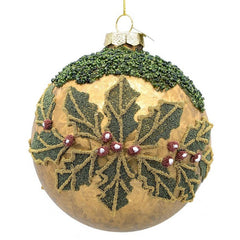 Palla di Natale in vetro con applicazione di perline foglie e bacche - Vischio