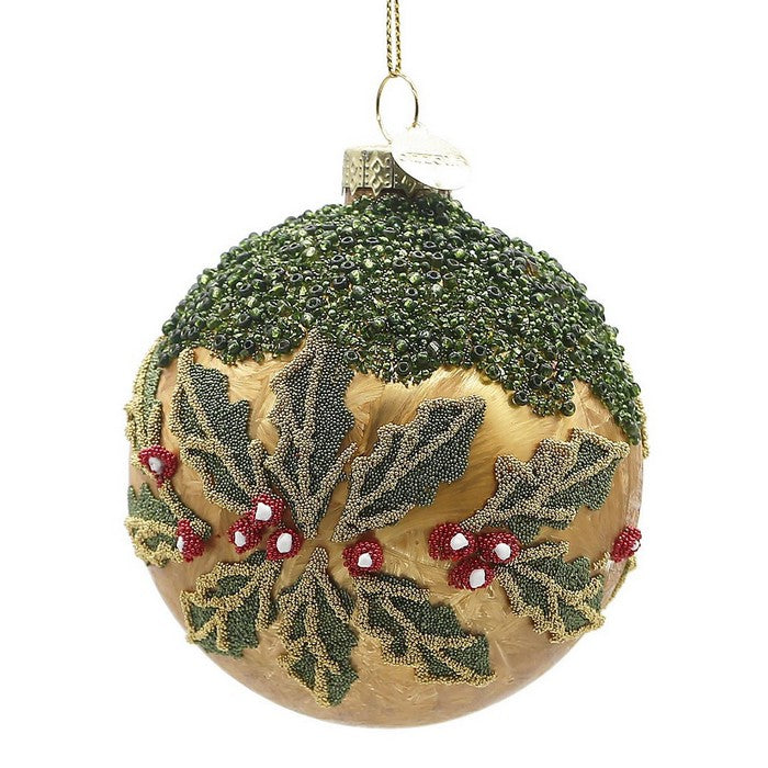 Palla di Natale in vetro con applicazione di perline foglie e bacche - Vischio