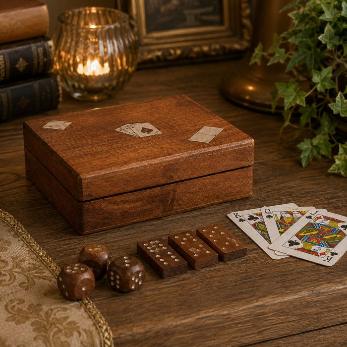 Decorazione porta carte da gioco in legno nero 16 cm con dadi - Fortune