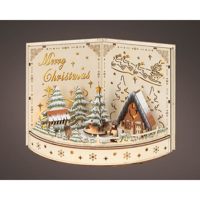 Scena natalizia in compensato con LED, libro aperto 30 cm
