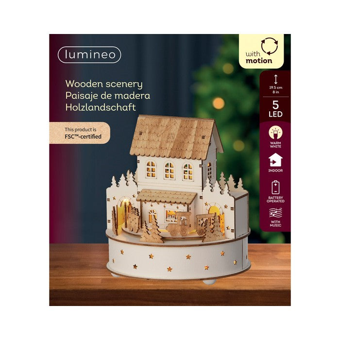 Scena natalizia in compensato con LED e musica, casetta 20 cm