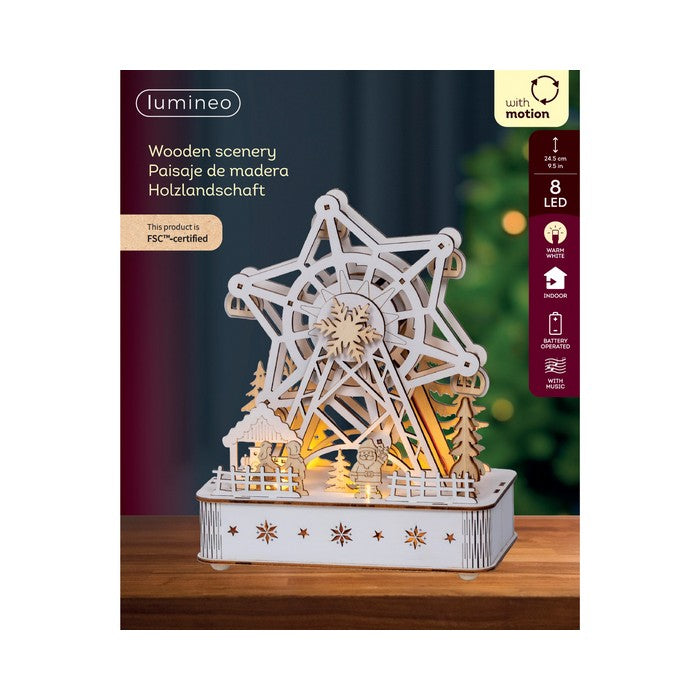 Scena natalizia in compensato con LED e musica, ruota panoramica 25 cm