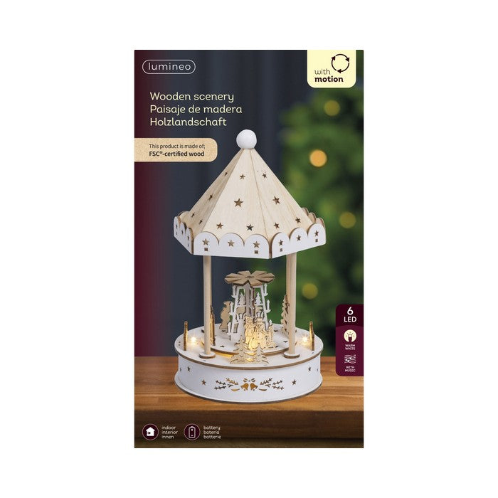 Scena natalizia in compensato con LED e musica, carosello 26 cm