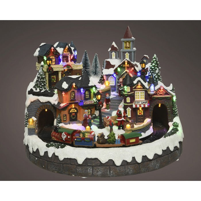 Villaggio natalizio in poliresina con musica, movimento e LED, con trenino 40 cm