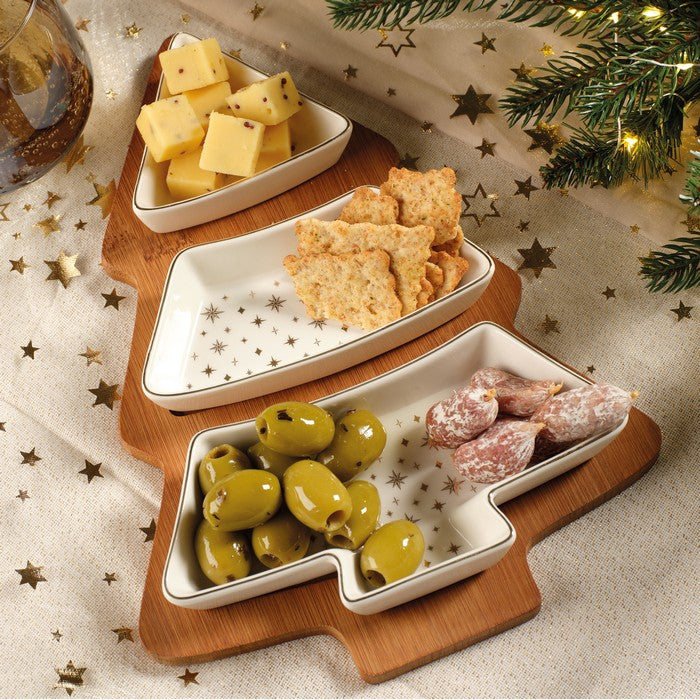 Set aperitivo natalizio a forma di Albero di Natale con 3 ciotole e vassoio 27 cm
