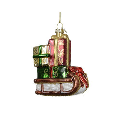 Pendaglio per decorazione natalizia in vetro con slitta e regali 9 cm