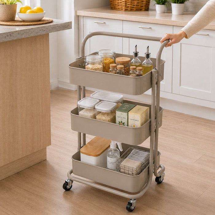 Carrello da cucina in metallo 3 ripiani, con ruote - Domera