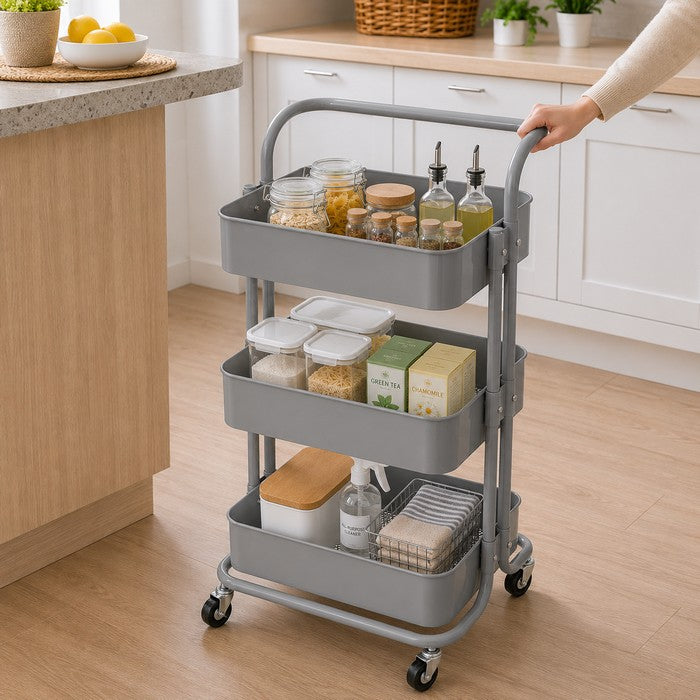Carrello da cucina in metallo 3 ripiani, con ruote - Domera
