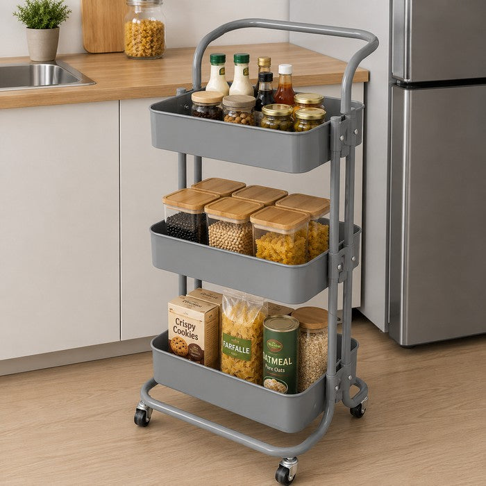 Carrello da cucina in metallo 3 ripiani, con ruote - Domera