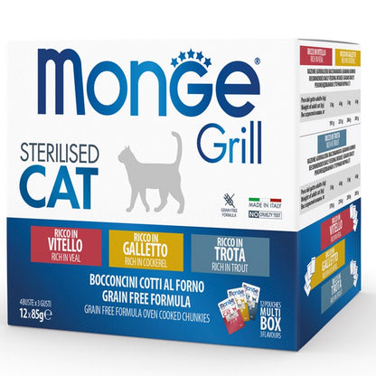 Monge Grill Gatto Multipack Buste - Galletto, Trota, Vitello - Sterilised 12x85g