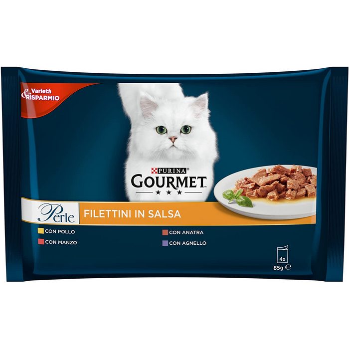 Purina Gourmet Perle Filettini in salsa con manzo, pollo, agnello e anatra 4x85g