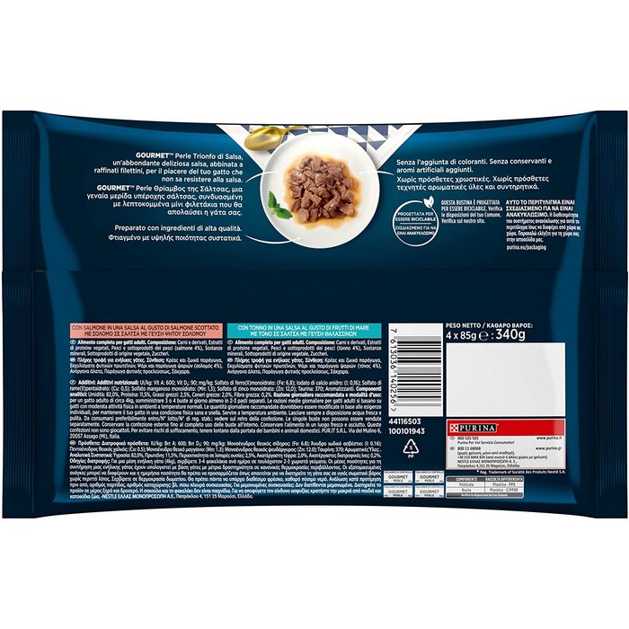 Purina Gourmet Perle Trionfo di salsa con tonno, salmone 4x85g