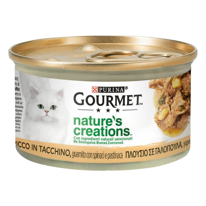 Purina Gourmet Nature's Creations ricco in Tacchino con spinaci e pastinaca 85g