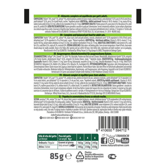 Natural Trainer Cat Straccetti Adult con Salmone e verdure 85g - NATURAL TRAINER - 64761678233978