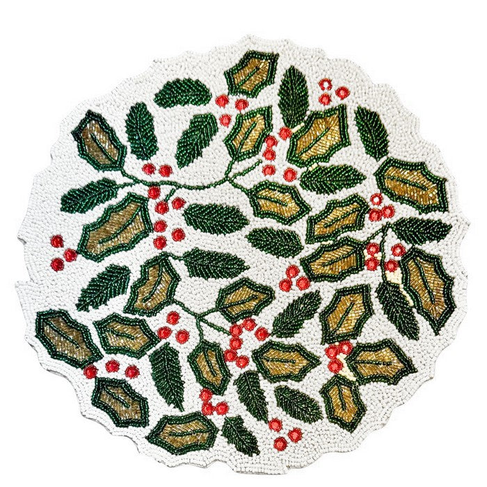 Tovaglietta natalizia con perline di vetro colorate 36 cm - Foglie e bacche