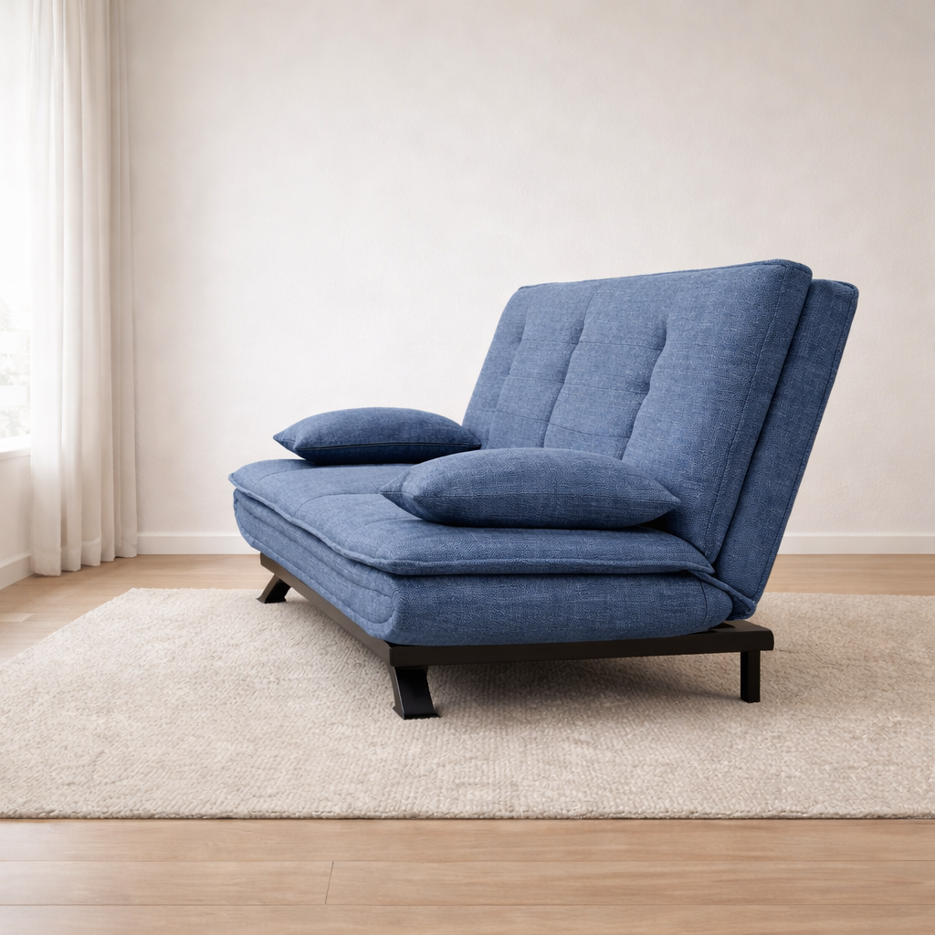 Divano letto in tessuto con gambe nere e cuscini - Vittoria