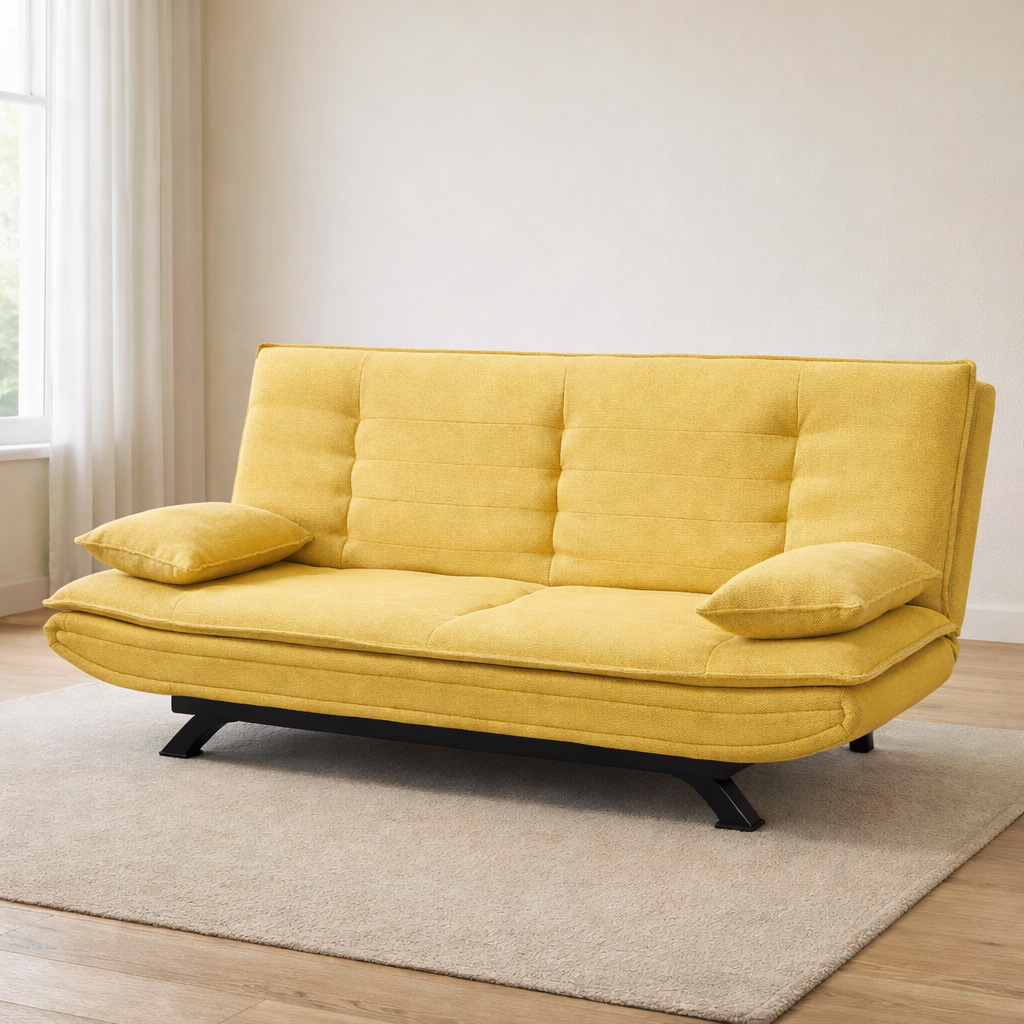 Divano letto in tessuto con gambe nere e cuscini - Vittoria