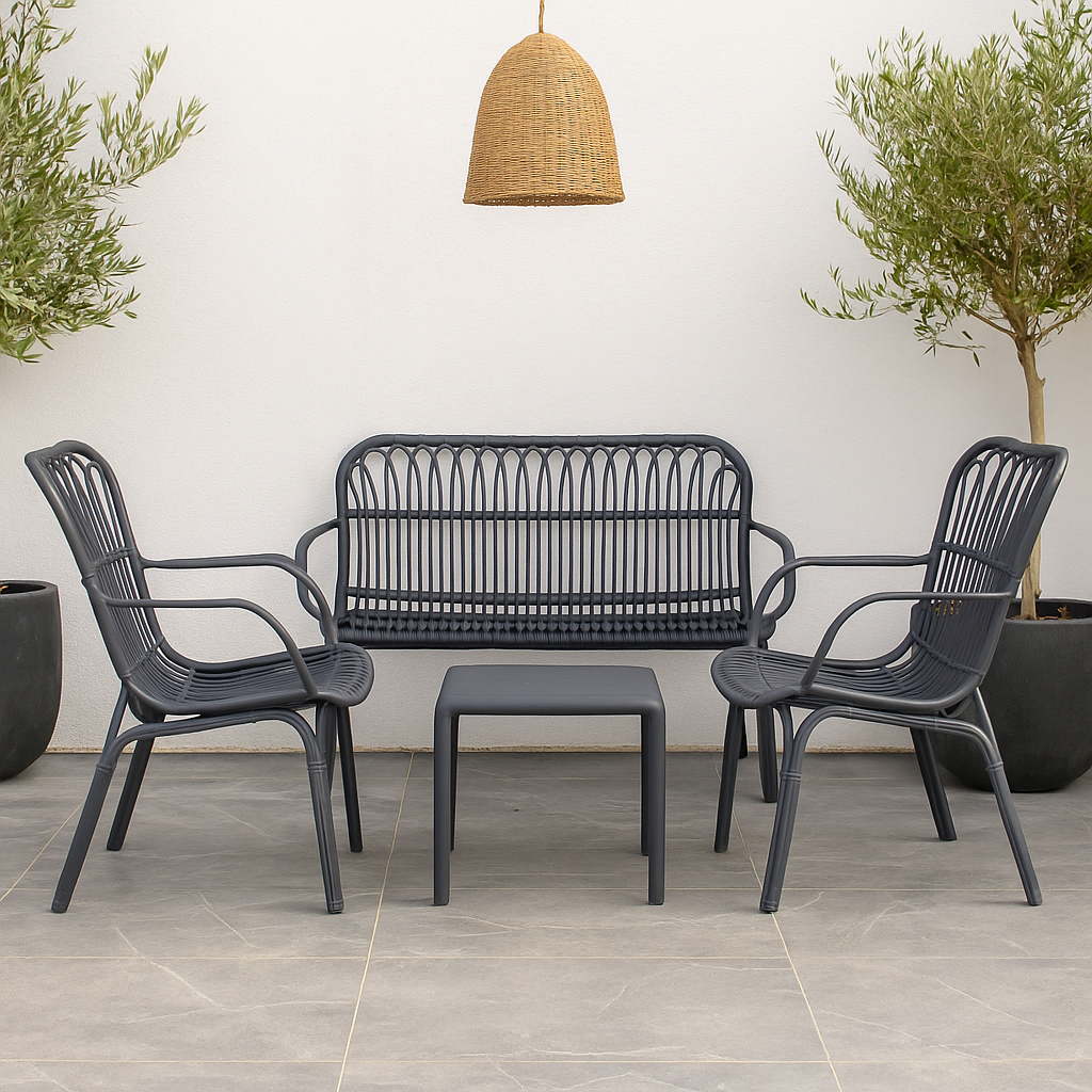 Set da giardino con divano, poltrone e tavolino in polipropilene effetto rattan - Meridiana - Antracite - BEST - 66468665229690