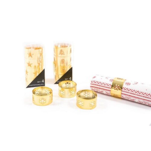 SET 4 PORTATOVAGLIOLI IN METALLO ORO - Set da 4 porta tovaglioli natalizi color oro, forme assortite. Dimensioni: 2,5 x 2,5