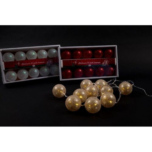 GHIRLANDA 10 PALLE CON LUCE LED - Ghirlanda di palline con led a batteria AA non incluse, 10 palline, 3 colori disponibili.