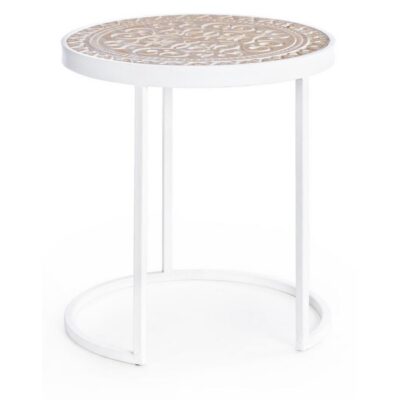 Tavolino Karvy - Tavolino modello Karvy con piano in mdf con decorazioni intarsiate, gambe in acciaio verniciate a polvere e