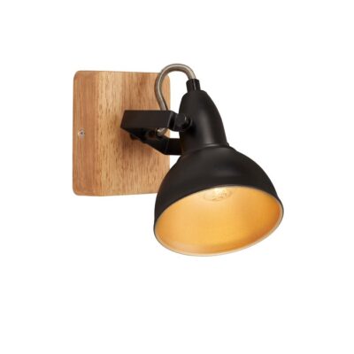 BARNIM - SPOT 11 X 11CM - Applique a spot nero con una lampada a faro in stile retrò/vintage, in metallo con base in legno.