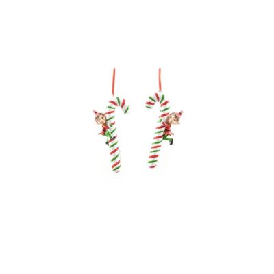 PENDENTE 'ELF ON SUGARCANE' IN RESINA 7.5X2.5XH15CM ASSORTITO - Decorazione natalizia pendente caramella realizzato in resin