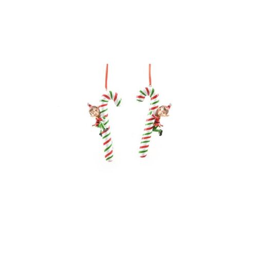 PENDENTE ELF ON SUGARCANE - Decorazione natalizia pendente Elf on sugarcane realizzato in resina. Modelli assortiti. Dimensi
