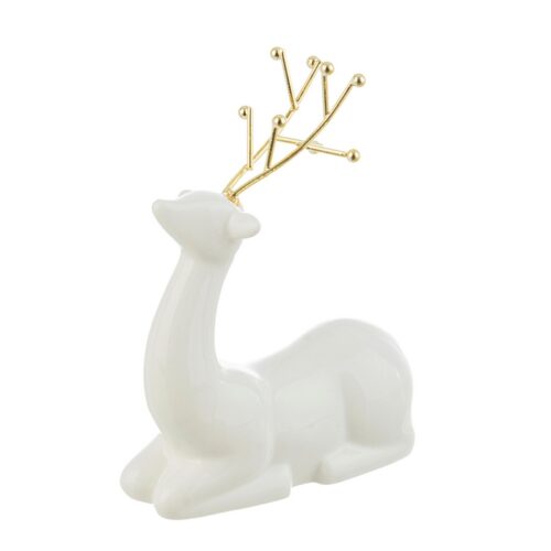 RENNA VIXEN SIT - Decorazione natalizia Renna Vixen color bianco con oro, realizzata in porcellana. Dimensioni: 9.6x4x12h cm.