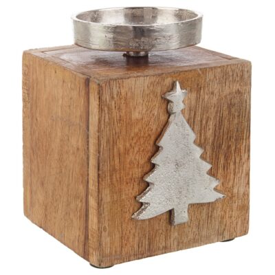 Porta candela natalizio in legno 1 fuoco - Ophelia - Portacandela natalizio realizzato in legno di pino con decorazioni e po