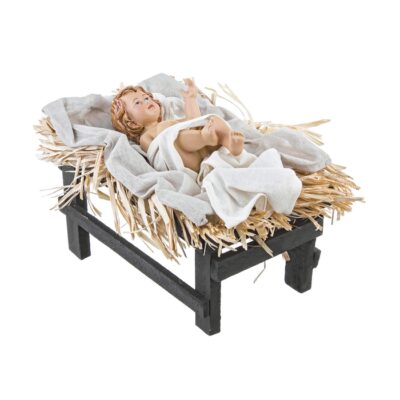 FIGURA GESÙ BAMBINO - Figura natalizia Gesù Bambino realizzata in tessuto, resina, cartone, metallo e legno. Dimensioni: 38,